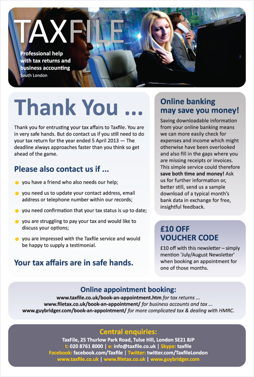 Taxfile newsletter 2013: Save money with online banking, tax returns for 2013, plus &pound;10 off voucher code!